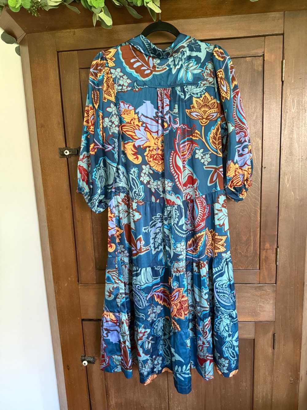 Teal Floral Tiered Midi Dress with Burnt Orange & Yellow Accents - Picture 6 of 6